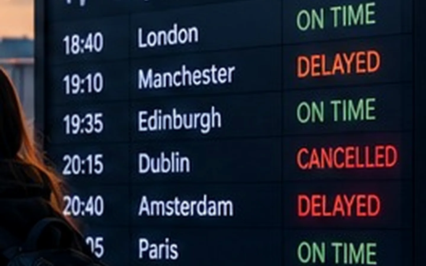 Airport departure board showing flight statuses